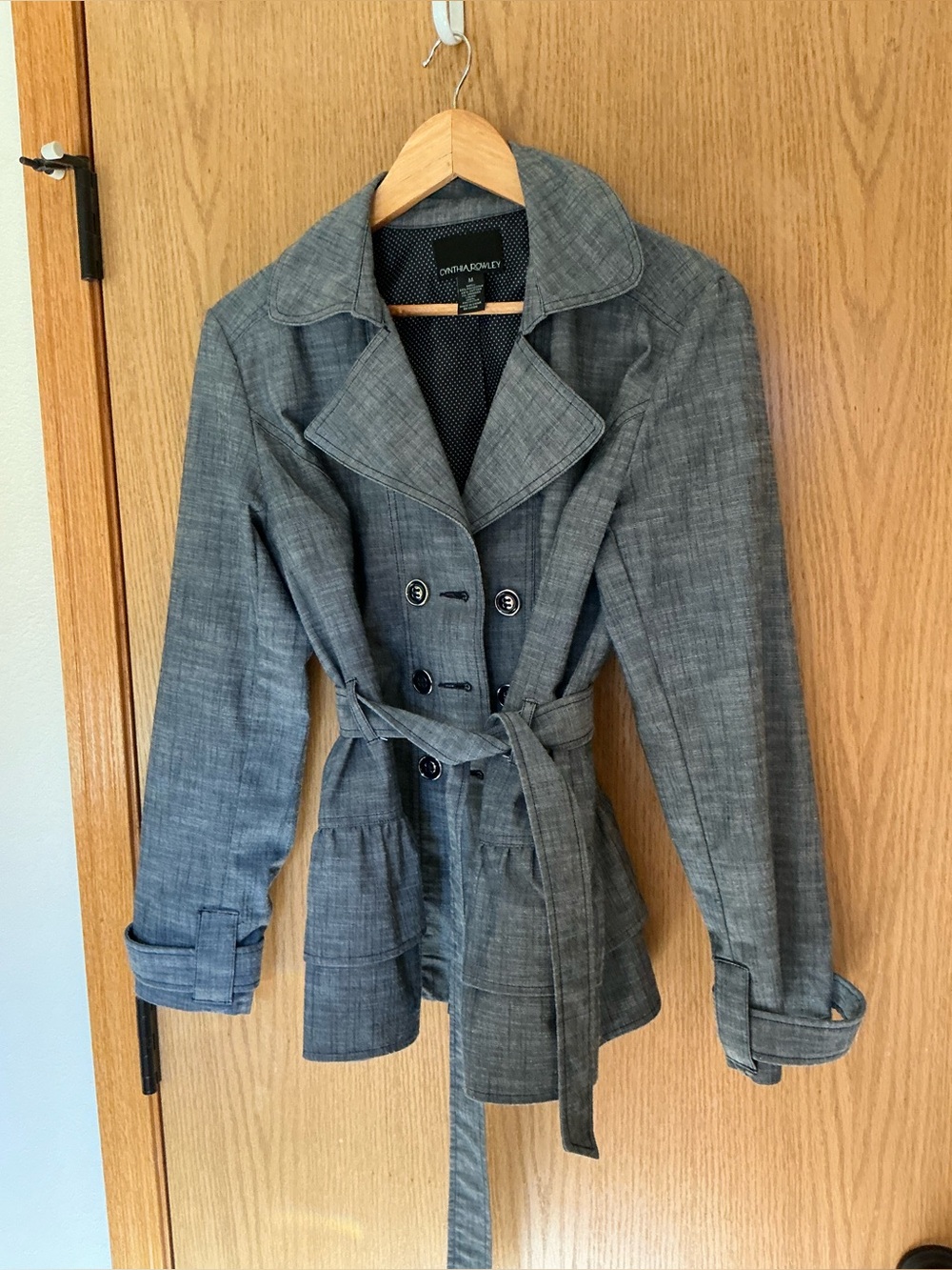 Cute CYNTHIA ROWLEY double breasted BLUE JACKET Coat with belt, women medium